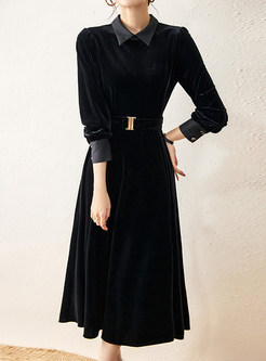 Vintage Turn-Down Collar Velvet Waisted Midi Dresses