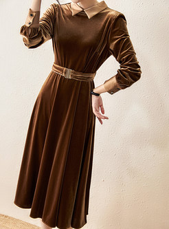 Vintage Turn-Down Collar Velvet Waisted Midi Dresses