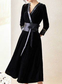 Glamorous V-Neck Wrap Waist PU Splicing Midi Dresses