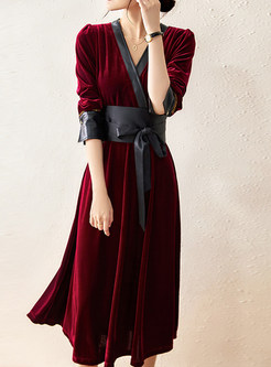 Glamorous V-Neck Wrap Waist PU Splicing Midi Dresses