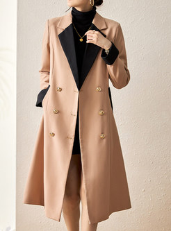 Notched Collar Double-Breasted Color Contrast Womens Winter Coats
