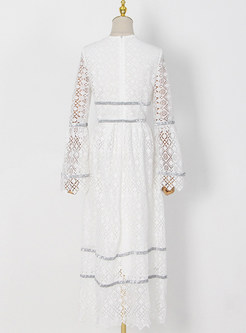 Fashion Openwork Plunging Neck Flare Sleeve White Maxi Dresses