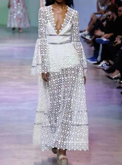 Fashion Openwork Plunging Neck Flare Sleeve White Maxi Dresses