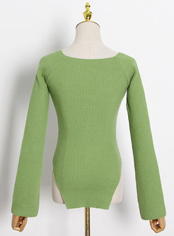Simple Square Neck Fitted Knit JumperKnit Jumper