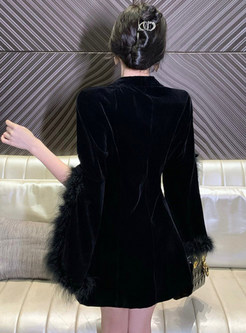 Fashion Velvet 3/4 Sleeve Fur-Trimmed One Button Little Black Dresses