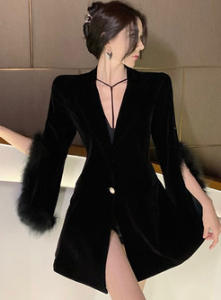 Fashion Velvet 3/4 Sleeve Fur-Trimmed One Button Little Black Dresses