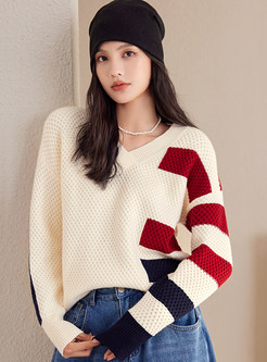 V-Neck Loose Color Contrast Women Sweaters