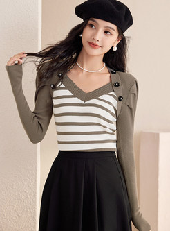 Stylish V-Neck Striped Contrasting Fitted Knitted Jumper For Women