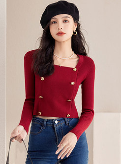 Square Neck Double-Breasted Slim Cropped Knitted Jumper For Women