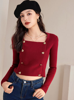 Square Neck Double-Breasted Slim Cropped Knitted Jumper For Women