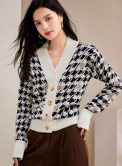 Vintage Single-Breasted Houndstooth Open Front Knitted For Women
