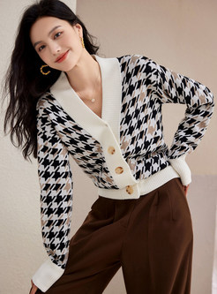 Vintage Single-Breasted Houndstooth Open Front Knitted For Women