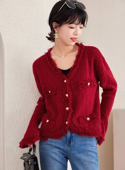 V-Neck Chunky Fringes-Trimmed Womens Open Front Knitted