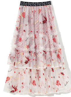 Elastic Waist Allover Print Distored Selvedge Long Skirts For Women