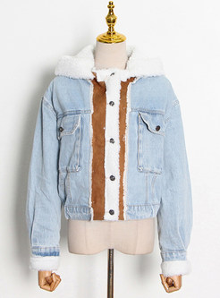 Chunky Denim Splicing Teddy Lined Cropped Women's Coats & Jackets