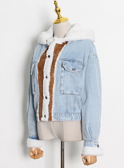 Chunky Denim Splicing Teddy Lined Cropped Women's Coats & Jackets