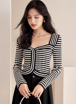 Vintage Square Neck Striped Tight Cropped Women Knit Jumper