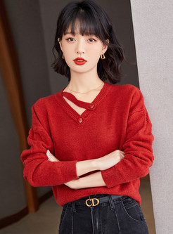 V-Neck Pullovers Boxy Solid Sweaters Women