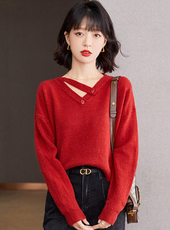 V-Neck Pullovers Boxy Solid Sweaters Women