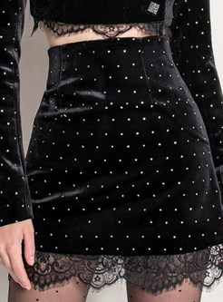 Retro Velvet Lace-Trimmed Skirt Suits For Women