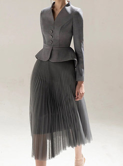 Vintage Frill Trim V-Neck Blazers & High Waisted Pleated Midi Skirts For Women