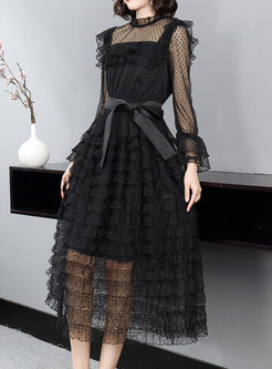 Classy Transparent Waisted Pleated Layer Frill Dresses