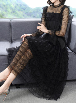 Classy Transparent Waisted Pleated Layer Frill Dresses