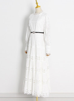 Fashion Circle Trims Puff Sleeve White Maxi Dresses