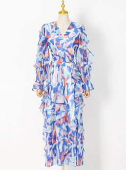 V-Neck Distored Selvedge Printed Flutter Maxi Dresses