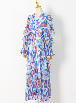 V-Neck Distored Selvedge Printed Flutter Maxi Dresses
