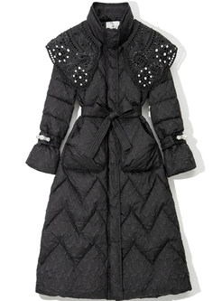 Mockneck Embroidered Fluffy Women's Puffer Coats