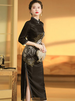 Ethnic Color Contrast 3/4 Sleeve Cheongsam Dresses