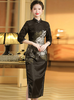 Ethnic Color Contrast 3/4 Sleeve Cheongsam Dresses