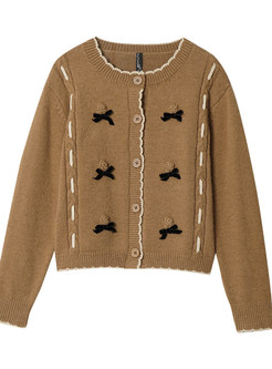 Women's Pretty Crewneck Bow-Embellished Open Front Knitted