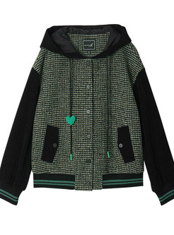 Hooded Plaid Woolen Patch Women's Coats & Jackets