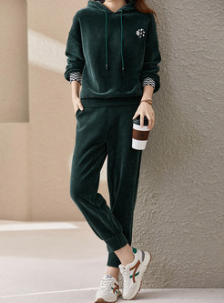 Casual Hooded Warm Velvet Lady Suits Sets