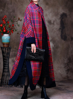 Mock Neck Slit Plaid Wool Women's Long Coats