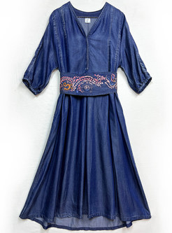 Ethnic V-Neck Embroidered Waisted Denim Dresses