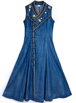 Traditional Embroidered Side Buckle Big Hem Vest Dresses
