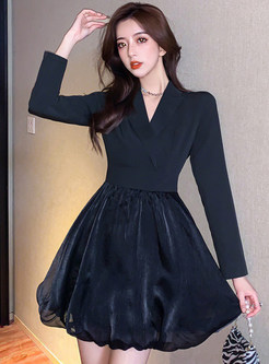 Notched Collar Velvet Patch Gathered Cocktail Dresses