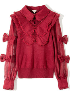 Turn-Down Collar Bow-Embellished Circle Trims Tops For Women