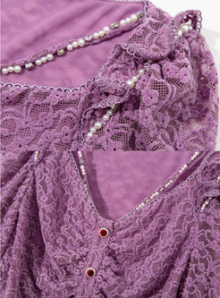 V-Neck Smocked Beading Decoration Water Soluble Lace Women Tops