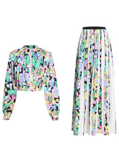 Women's Pretty Mock Neck Pleated Allover Print Skirt Suits