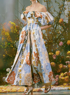 Vintage Off-The-Shoulder Floral Print Puff Sleeve Long Dresses