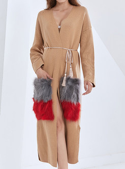 Chicwish Fur-Trimmed Dual Pocket Long Open Front Knitted For Women