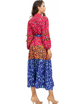 Mock Neck Distored Selvedge Contrasting Maxi Dresses