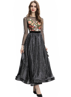 Elegant Transparent Embroidered Big Hem Maxi Dresses