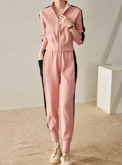 Quality Mock Neck Contrasting Knitted Pant Suit Set For Women