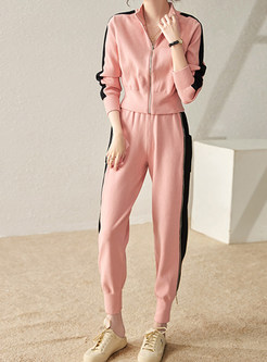 Quality Mock Neck Contrasting Knitted Pant Suit Set For Women
