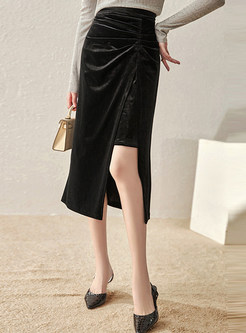Pretty Drawcord Split Velvet Midi Skirts For Women